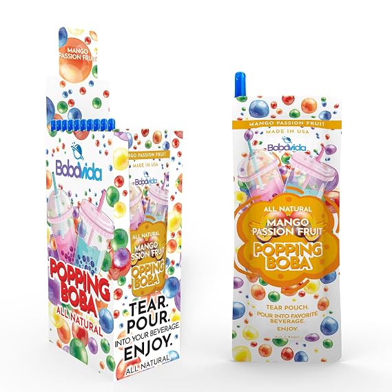 BOBAVIDA Mango Passion Fruit Popping Boba & Non-GMO Popping Boba Pearls, 10 Boba Packets with Straw for Drinks, Desserts & Food Toppings