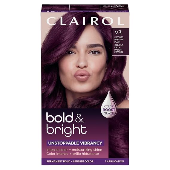 Clairol Bold & Bright Permanent Hair Dye, V3 Intense Passion Plum Hair Color | Intense Vibrancy + Moisturizing Shine | Includes Color Boost Glaze to Amplify Color Anytime | Pack of 1