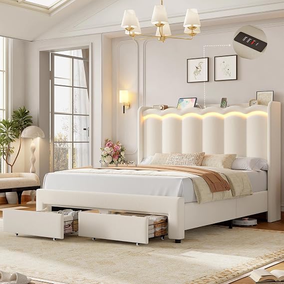 HIFIT Beige Velvet Queen Bed Frame with LED&Charging Station&Storage Drawer
