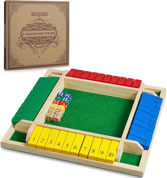 AMEROUS Shut The Box Dice Game-12 inches-Colorful Design-1-4 Players-12 Dice-Gift Package, Classic 4 Sided Wooden Board Game for Adults Kids, Classics Board Game