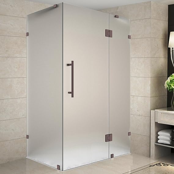 Avalux 41 in. W x 36 in. D x 72 in. H Rectangular Pivot Frameless Corner Shower Enclosure in Oil Rubbed Bronze with Frosted Glass