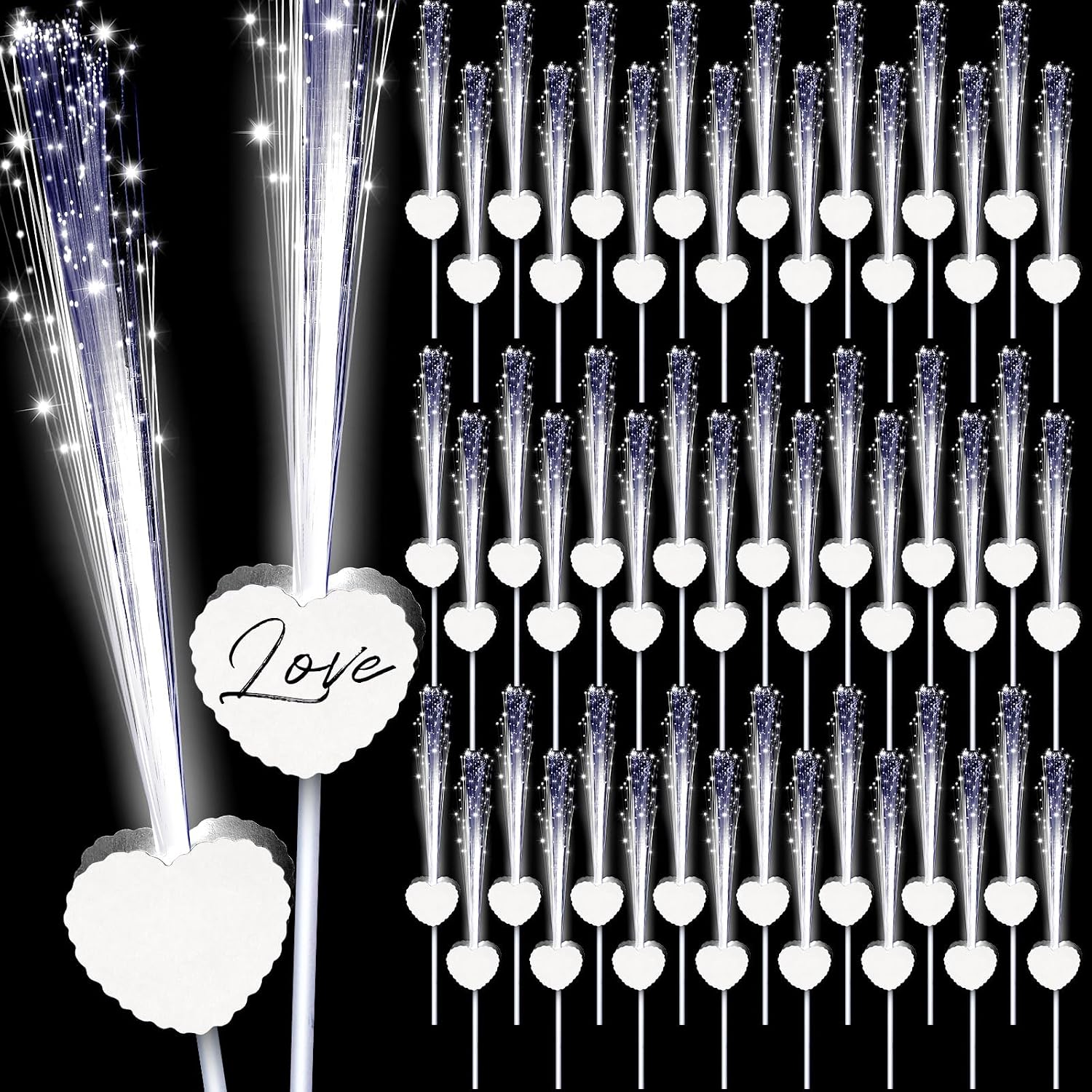 100 Pcs LED Wedding Sparklers Glow Sticks Heart Shape Long Fiber Optic Wands with 3 Light Modes for Send Off Reception Valentine Proposal Carnival Birthday Party Supplies Dance Floor Prop (White)