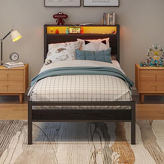 Single Bed with Storage Wooden Headboard,Heavy Duty 3ft Metal Platform Single Bed Frame with Charging Station,LED Lights,No Box Spring Needed,Strong Steel Slats Support,Noise Free,Black