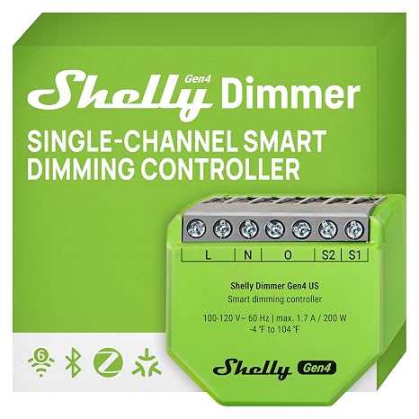 Shelly Dimmer Gen4 US UL, WiFi, Matter, Bluetooth, Zigbee Smart Dimming, Compatible with Matter, Home Assistant, Alexa, Google Home, HomeKit, Support LED Strips & Lamps, No Hub Required, Easy Control