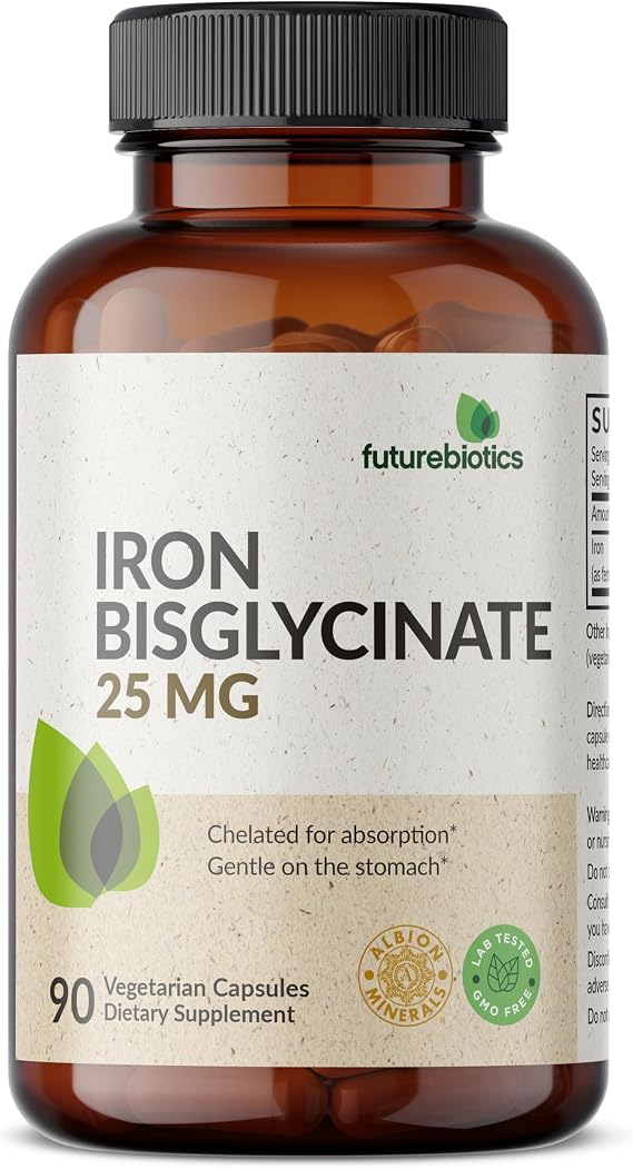 Futurebiotics Iron Bisglycinate 25mg Gentle on The Stomach, Supports Energy & Healthy Red Blood Cell Production - Non-Constipating Formula - Non GMO, 90 Vegetarian Capsules