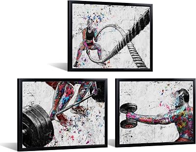 KREATIVE ARTS Colorful Gym Wall Art Canvas Set with Black Frame Abstract Fitness Workout Prints Barbell Dumbbell Battle Rope Paintings for Home Gym Exercise Room Motivation Decor 12x16 Inches Set of 3