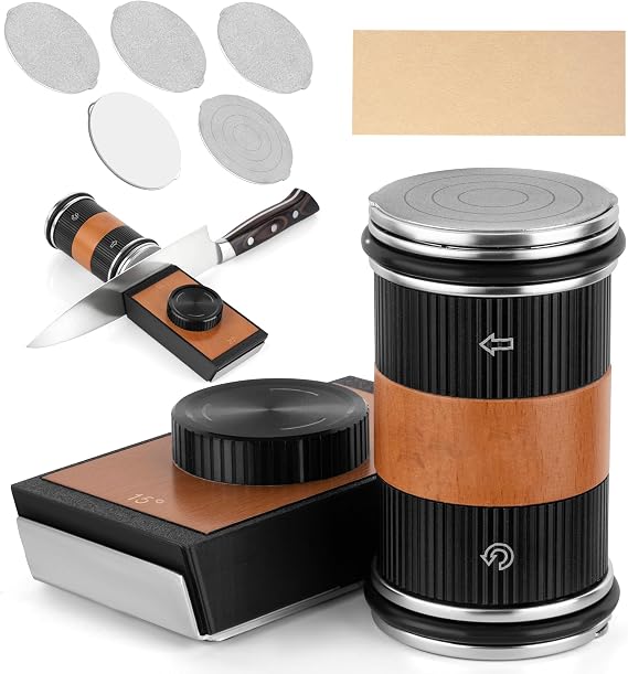 Rolling Knife Sharpener Kit for Kitchen Knives, Professional Kitchen Knife Sharpener with 5 PCS Replaceable Roller Knife Sharpening Stone Discs, Whetstone, Angle with 15° to 20° Type (Black)