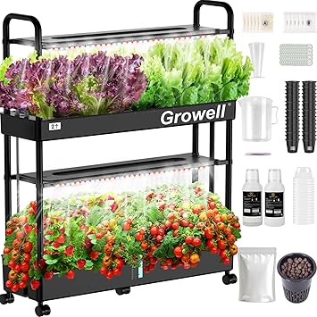 Growell 2-Tier Hydroponics Growing System Kit, 32 Pods, Large Vertical Hydroponic Garden, 32L Indoor Gardening System for Herb Vegetable Fruit, with 2 Light Modes, Auto Circulating Water System