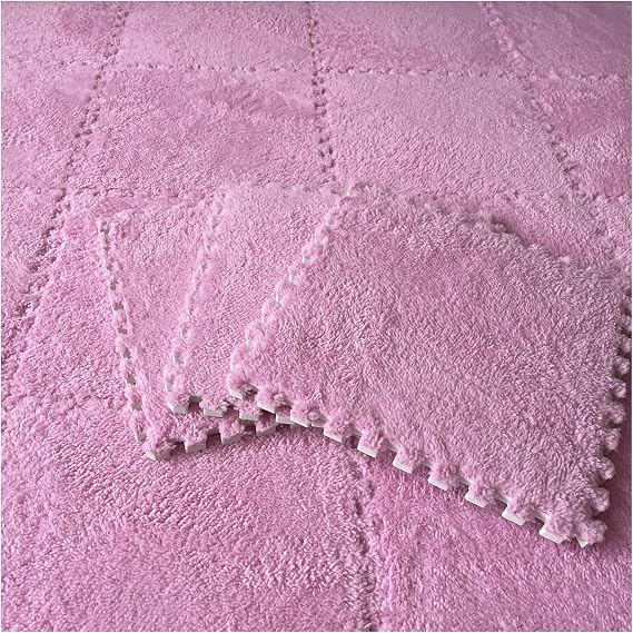 12 Pcs Interlocking Carpet Tiles, Plush Foam Square Floor Mats Set, Puzzle Floor Mat For Living Room, Bedroom And Hard Floor, 12 Tiles/12 Sq.Ft(Color:Pink)