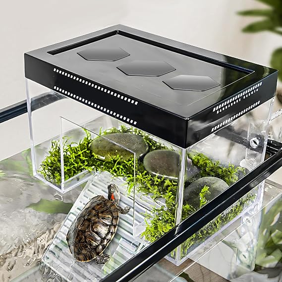 Turtle Basking Platform Adjustable Height Hanging Topper Habitat with Lid and Ramp, 25×16×16 cm Clear PC Small Above Tank Aquarium Enclosure for Baby Land Turtles Red Eared SlidersSmall Reptiles