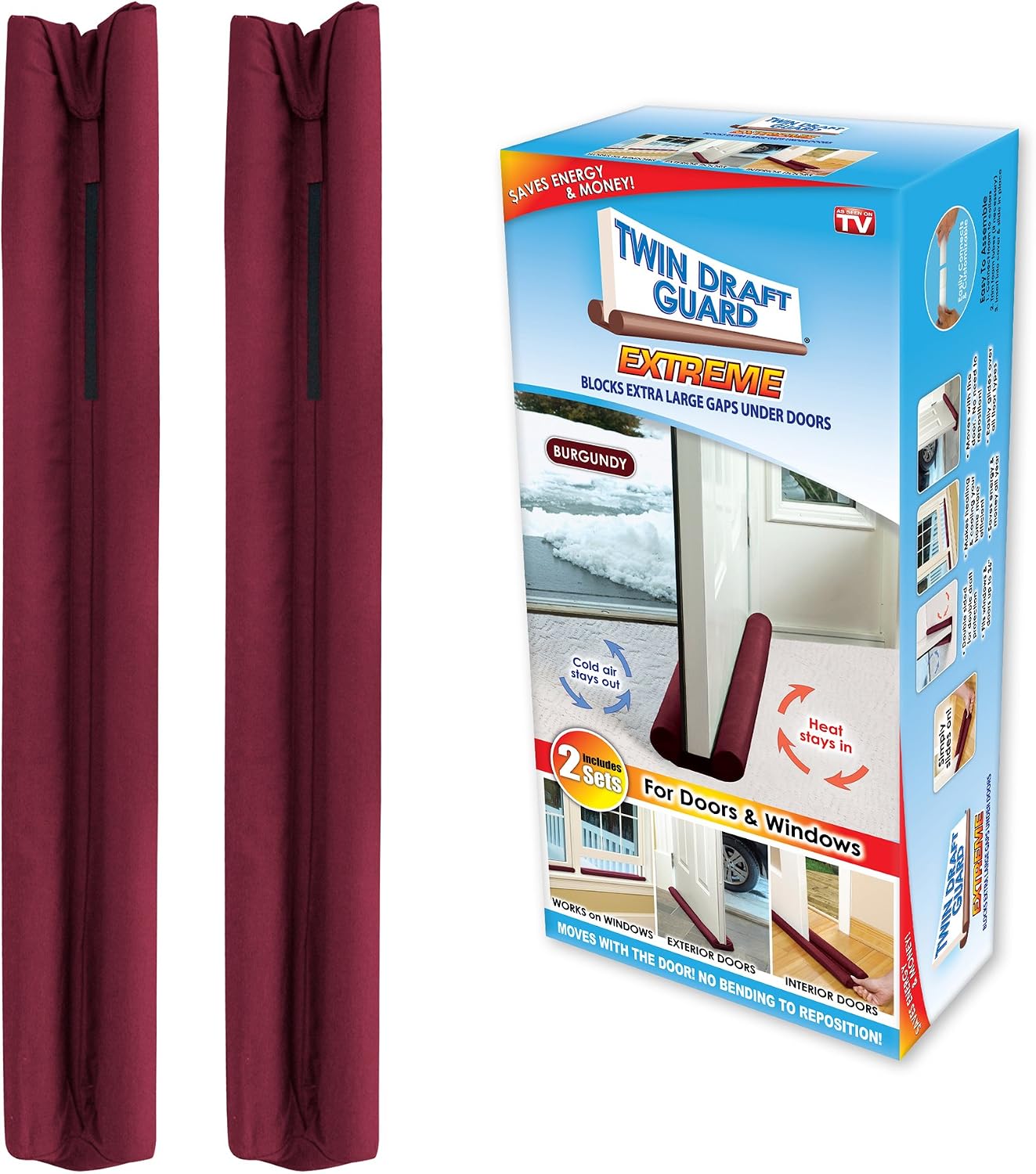 Burgundy Extreme, Original, Set of 2, Year-Round Insulator, Trademarked and Patented Under Door Draft Stopper