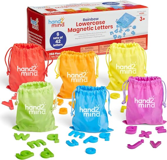 hand2mind Rainbow Lowercase Magnetic Letters, Plastic, Alphabet, Letter Recognition for Kindergarten, Word Building Magnets, 6 Count