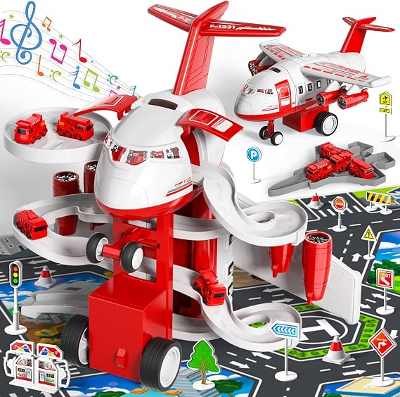 Airplane Toy, Kids Race Track Car with Unique Spray Effect, Lights & Music, Friction Powered Wheel - Fun Educational Play Set for Boys and Girls Ages 3 4 5 6 Years Old (Red)