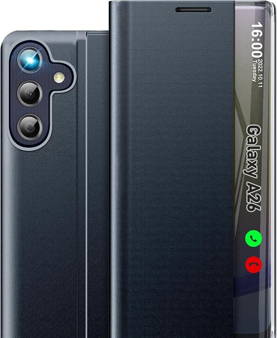 Phone Case for Samsung Galaxy A26 5G, Clear View Window Luxury Slim Mirror Galaxy A26 5G Case with Kickstand, Leather Hard PC Flip Shockproof Protective Cover for Samsung A26 5G Case (Deep Blue)