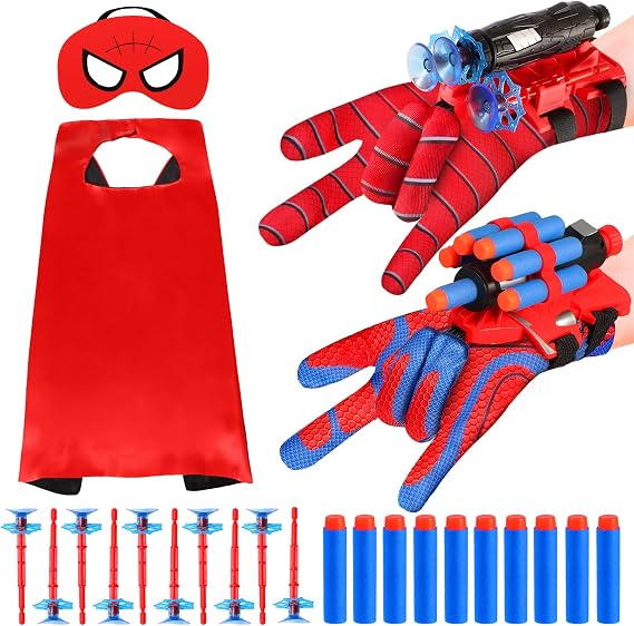 Hero Spider Web Shooters, Kids Wrist Launcher Spider Toys with Cape & Mask Cosplay Costume, Role-Play & Imaginative Play Superhero Toys, Christmas Halloween Birthday Party Favors for Boys Girls