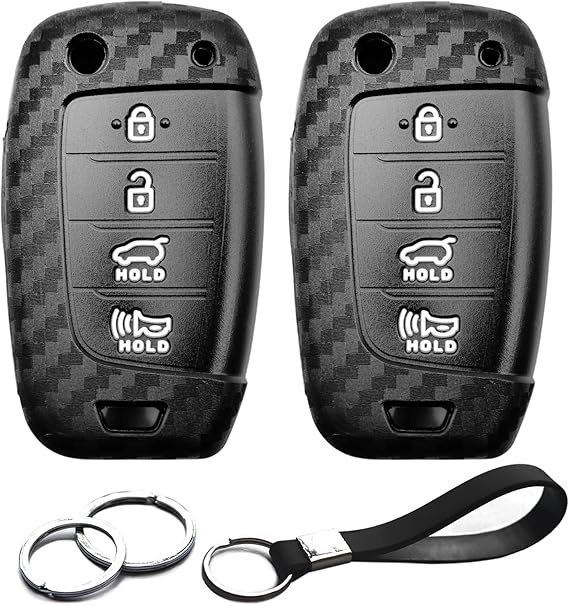 2pcs Compatible with Hyundai Key Fob Cover Case Key Chain for Hyundai Sonata Elantra Tucson Santa Fe Kona Santa Cruz Elantra GT Veloster Accent Accessories Shell Holder Carbon Fiber Black