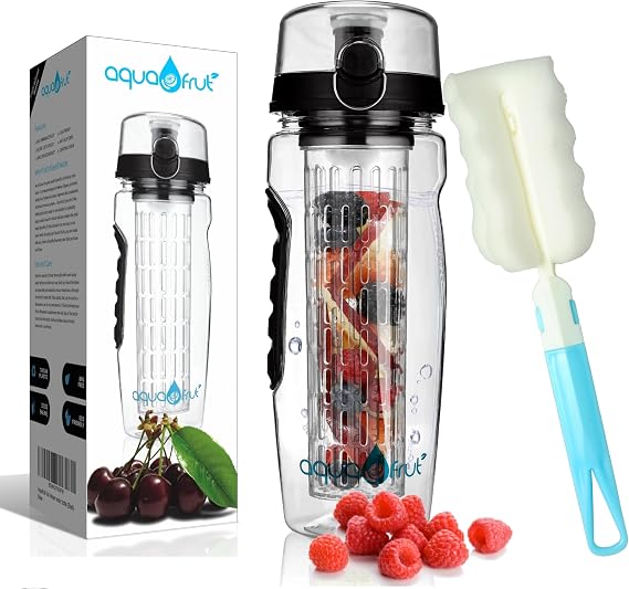 AquaFrut 32 oz Fruit Infuser Water Bottle, BPA-Free Tritan Infusion Bottle | Flip-Top Lid with Drinking Spout, Durable Leakproof Design; Includes Bottle Brush and Free Fruit Infusion Recipe eBook