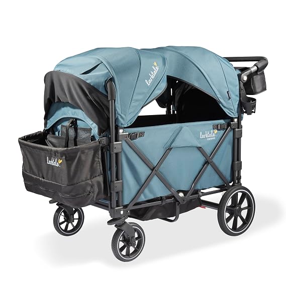 Larktale Caravan Quad Stroller Wagon for 4 Kids, All-Terrain 4-Seater Wagon Stroller with Reclining Seats, Adjustable Handlebar, Vented Canopies, Compact Fold & Parent Console, Seaford Blue