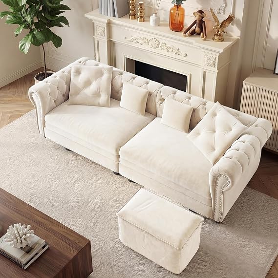 89" Chesterfield King Size Sleeper Sofa Bed, Oversized Pull Out Couch Beige