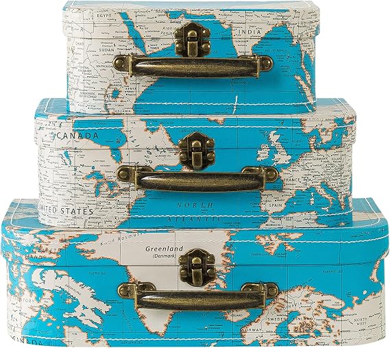 Cardboard Suitcase Boxes with Handle – Set of 3, Vintage Plane & Suitcase Décor, Blue World Map & Travel-Themed Boxes for Party Decorations, Paperboard Luggage Props, Decorative Storage Boxes with Lid
