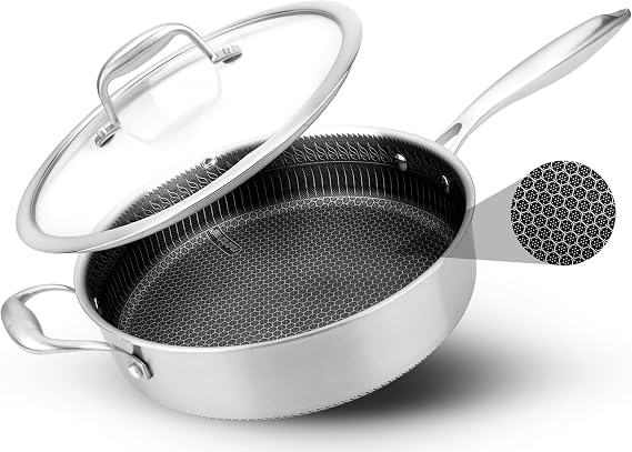 NutriChef 3.4QT Deep Frying Pan with Lid - Stainless Steel Non-Stick Saute Pan, Scratch-Resistant Honeycomb Texture, Oven & Induction Safe Skillet