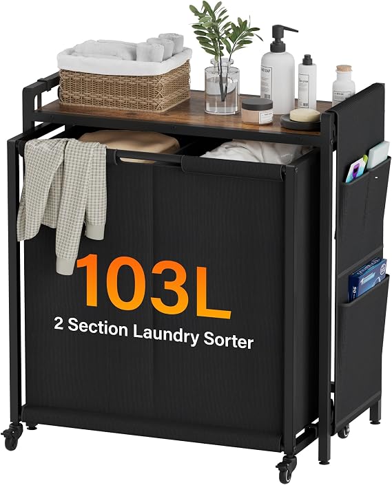 2 Section Laundry Hamper Basket, Shelf, Wheels, Pull-Out Cart