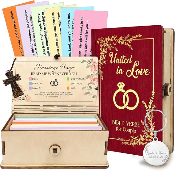 Personalized Marriage Bible Verse Box with Custom Couple Name & Date, 150 Prayer Cards, Christian Wedding Gift for Couples, Husband Wife Mom Dad, Anniversary & Housewarming Gifts
