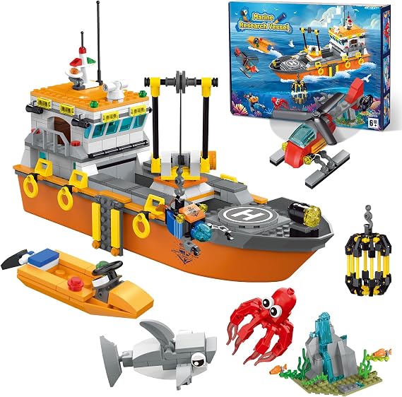 kiothdre City Research Ship Building Kit with LED Light - Fun Floating Boat Building Block Ocean Exploration with Helicopter Submarine Shark Cage - Birthday Gift for Boys Girls from 6+ Years