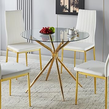 Round Glass Gold Dining Table for 2-4, Modern 35.4" Dining Room Table with 0.31" Tempered Glass Top and 4 Adjustable Chrome Metal Table Legs, Circle Kitchen Dinner Table for Dining Room