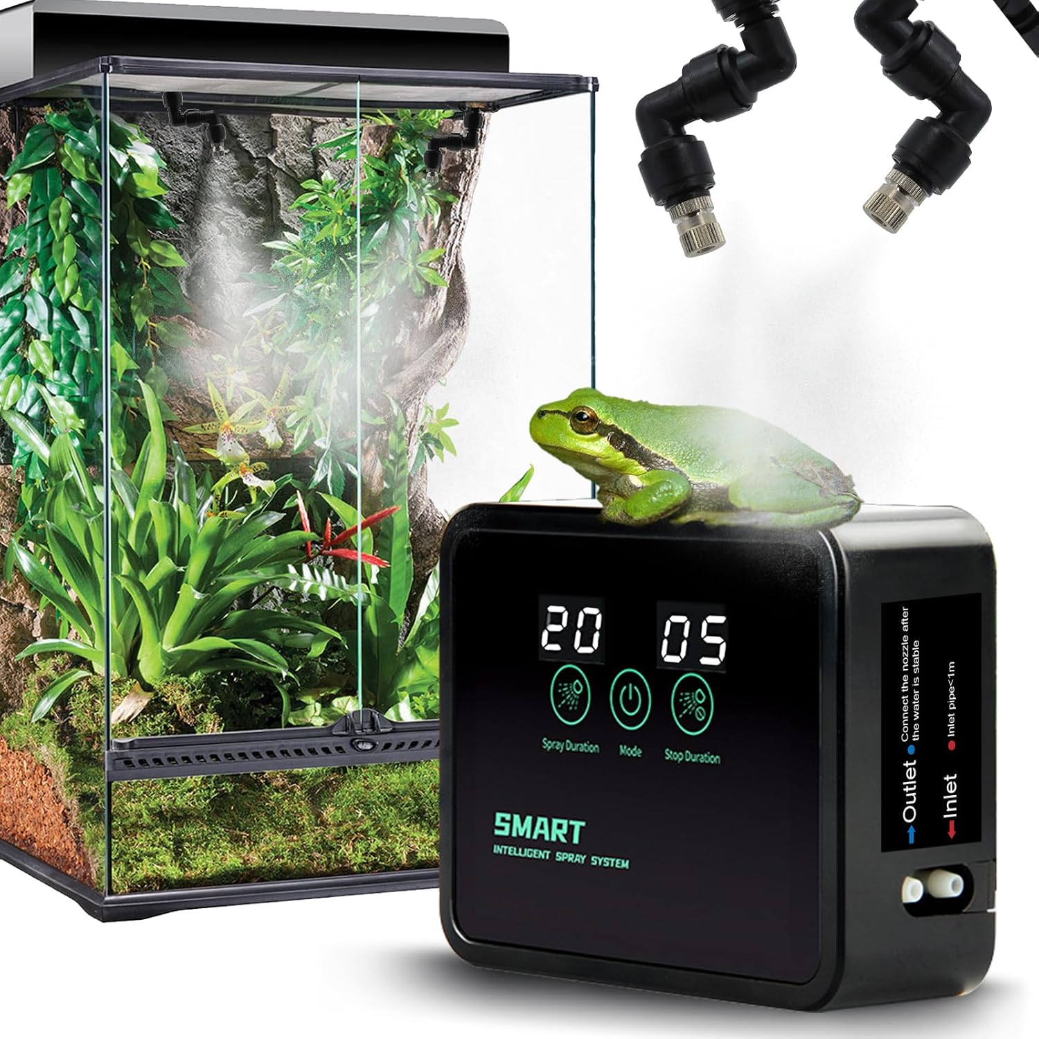 Reptile Humidifier Smart Misting System for Terrariums, Automatic with Timer, 360° Adjustable Misting Nozzles for Chameleons, Snakes, Frogs, Lizards, Turtles