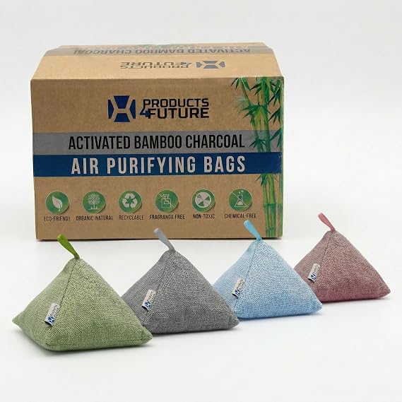 4 pack Naturally Activated Bamboo Charcoal Air Purifying Bags | Natural Home Deodorizer Bag | Charcoal Bag Odor Absorber For Pets | Odor Eliminator & Moisture Absorber Air Freshener Bag (100g Pyramid)