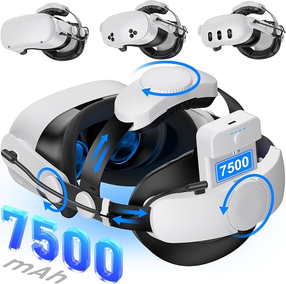 Kawaye for Meta Quest 3S/3/2 Head Strap with 7500mAh Hot-Swap Bateries for 3-4H Playtime,Double Knobs Adjustable VR Headset Strap with Large Support Pad Enhanced Support&Comfort for Games