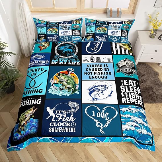 Go Fishing Kids Duvet Cover Set Single Size,Bass Fish Hook Geometric Plaids Bedding Set,Teens Adults Room Decor,Sea Waves Rustic Camper Comforter Cover,Blue Fashion Quilt Cover,1 Pillowcase