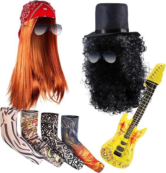 Yingzhao 9 Pcs Halloween Rocker Wig Costume Set 80s Punk Accessories