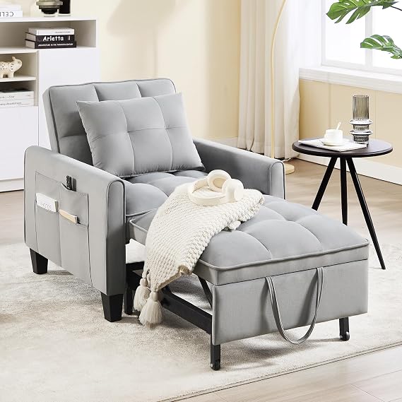 Convertible Sleeper Chair, 3 in 1 Sleeper Chair Bed Pull Out Sofa Bed Chairs, Single Sofa Beds with Adjustable Backrest for Adults Reading Living Room, Bedroom, Light Grey