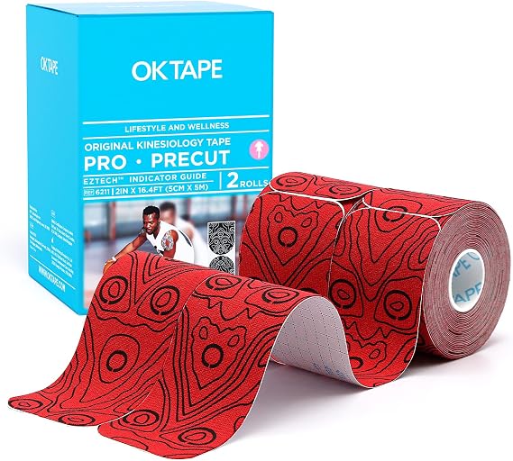 OK TAPE Kinesiology Tape PRO Pre-Cut Latex Free Strips 2in x 16.4ft 2Rolls