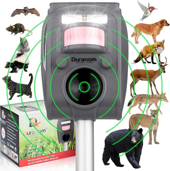 DURANOM Ultrasonic Animal Repeller Solar Powered Outdoor Deterrent with Flashing Light & Motion Sensor Repels Deer, Cats, Rodents, Raccoons Animal Control for Yard & Garden
