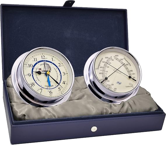 MASTER-MARINER Patriot Collection, Nautical Cabin Gift Set, 5.75 Diameter Time & Tide Clock and Comfort Meter Instruments, Chrome Finish, Ivory Patriot dial
