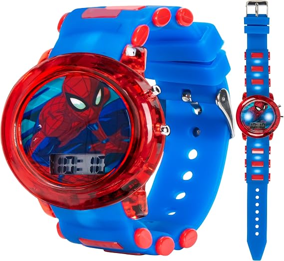 Marvel Spider-Man Kids' LCD Watch Flashing LED Bullet Band, Digital Time Display, Red & Blue Design, Durable Plastic Case, Adjustable Silicone Strap Fits Wrists 5.5" to 8"