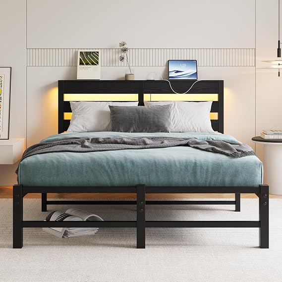 4ft6 Double Bed Frame with Charging Station and LED Lights, Heavy Duty Metal Platform Double 135x190 cm Bed Frame with Wood Storage Headboard, No Box Spring Needed, Noise Free, Black