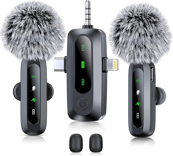 3 in 1 Wireless Lavalier Microphone for iPhone, iPad, Android, Camera, 2 Pack Professional Mini Microphone LED Display Clip on Mic with Noise Reduction for Video Recording TikTok YouTube Vlog