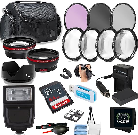 58mm Accessory Bundle for Canon EOS 250D, 850D, SL2, SL3 and T8i + Wide Angle and Telephoto Lens + Battery + Battery Charger + Filters + Slave Flash + More (16pc Bundle)