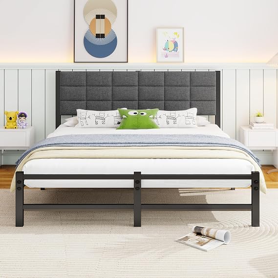 Full Size Bed Frame with Upholstered Headboard,Metal Platform Bed Frame Full Size with Metal Slats Support/No Box Spring Needed/Under Bed Storage/Easy Assembly,Noise Free,Grey
