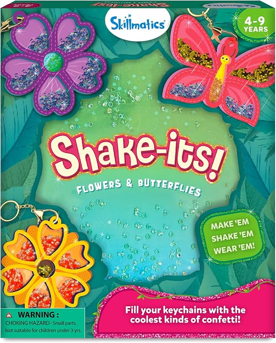 Skillmatics Shake-its – Flowers & Butterflies, Glitter Art & Craft Kits | DIY Keychains & Accessories, Bag Charm, Mess-Free Activity, Travel Toy, Birthday Gifts for Girls & Boys Ages 4, 5, 6, 7, 8, 9