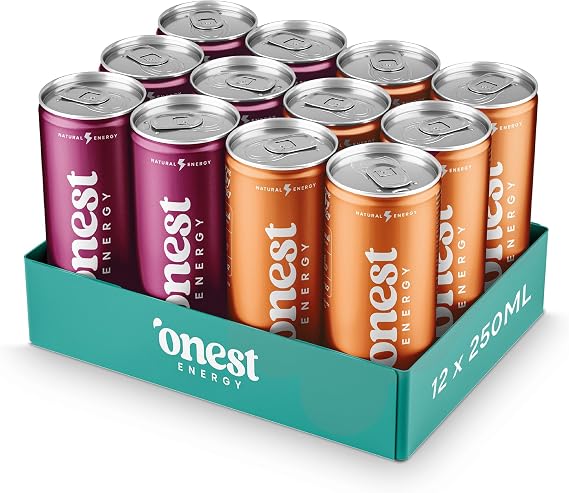 Onest Energy - Natural Energy Drink Mixed Pack, 6 x Apple Berry & 6 x Tropical Peach - 80mg Natural Caffeine, B Vitamins & Magnesium Citrate, Only 27kcal Per Can - 12 x 250ml