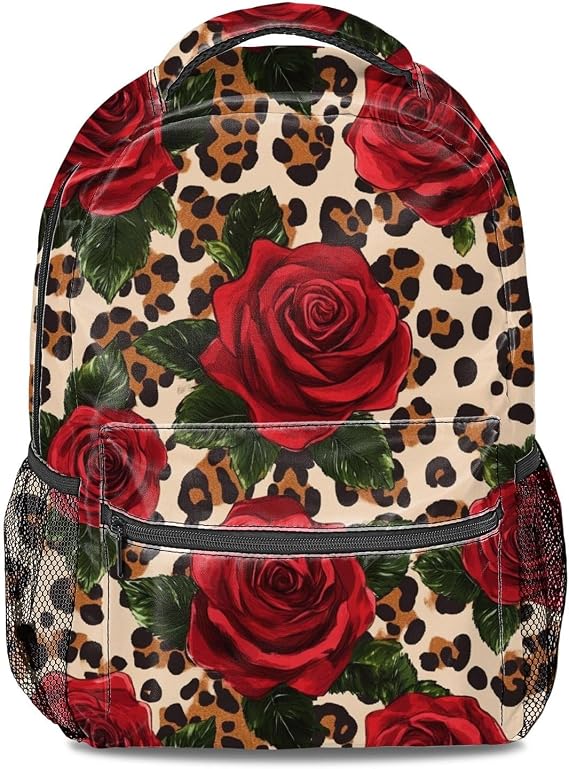 Red Rose Leopard Print Backpack Fashion Daypack, Trendy Laptop Bookbag for Women & Men, College School Bag