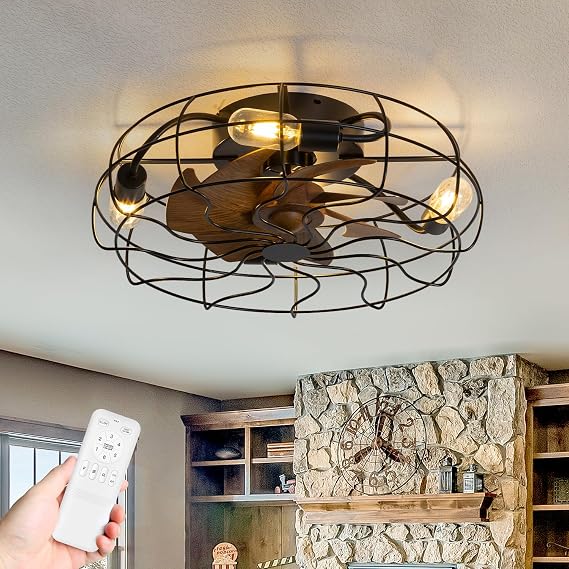 19" Modern Caged Ceiling Fans with Lights and Remote, 7 Reversible Blades, 6-Speed DC Motor, Farmhouse Low Profile Flush Mount Enclosed Ceiling Fan Fandeliers for Bedroom Living Room, Black