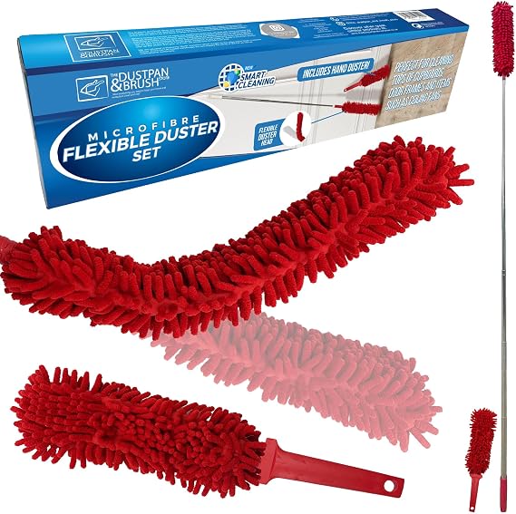 Microfibre Feather Duster Extendable, Long Handled Duster Extendable up to 145cm with Microfibre Fingers That Attract Dust − Long Reach Duster with Washable Head