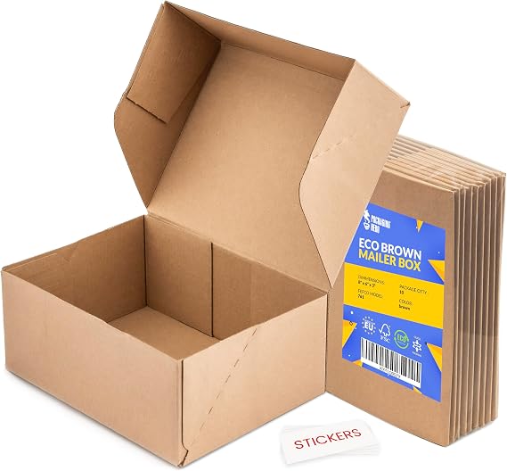 Packaging Hero 8" x 6" x 3" Corrugated Cardboard Mailing Boxes, shipping boxes, packing boxes, small parcel postal boxes, e-commerce boxes with free clear round stickers (Pack of 10)