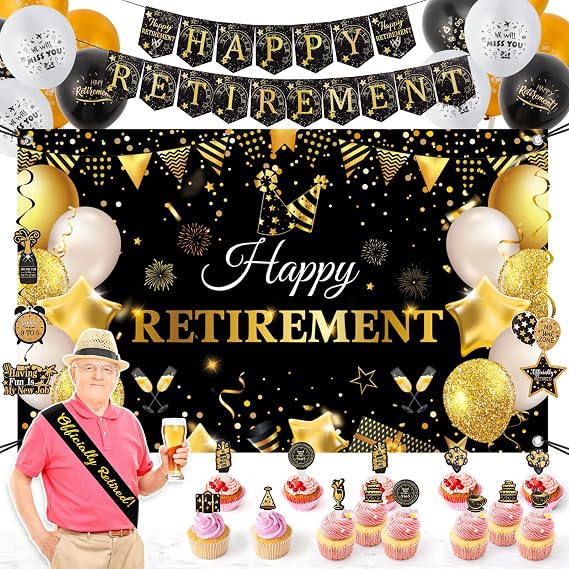 57 PCS Retirement Party Decorations Kit With Happy Backdrop, Banner, Officially Retired Sash, We Will Miss You Balloons, Theme Hanging Swirls and Cupcake Toppers